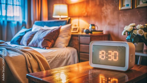 Modern digital alarm clock with blank screen sits on bedside table amidst blurred background of messy bedroom with dim lighting. photo