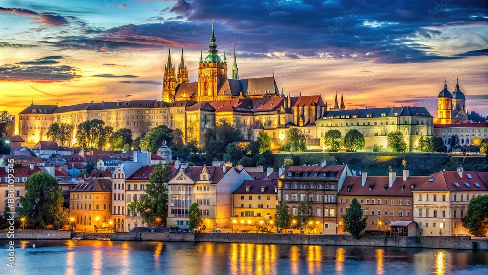 Fototapeta premium Prague Castle with St. Vitus Cathedral at evening, Prague, Castle, St. Vitus Cathedral, Evening, Sunset
