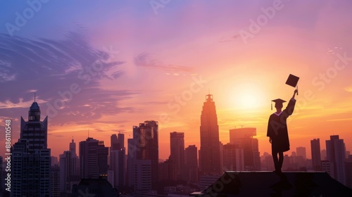 Graduate Silhouette Against City Skyline at Sunset © MD.firmansyah
