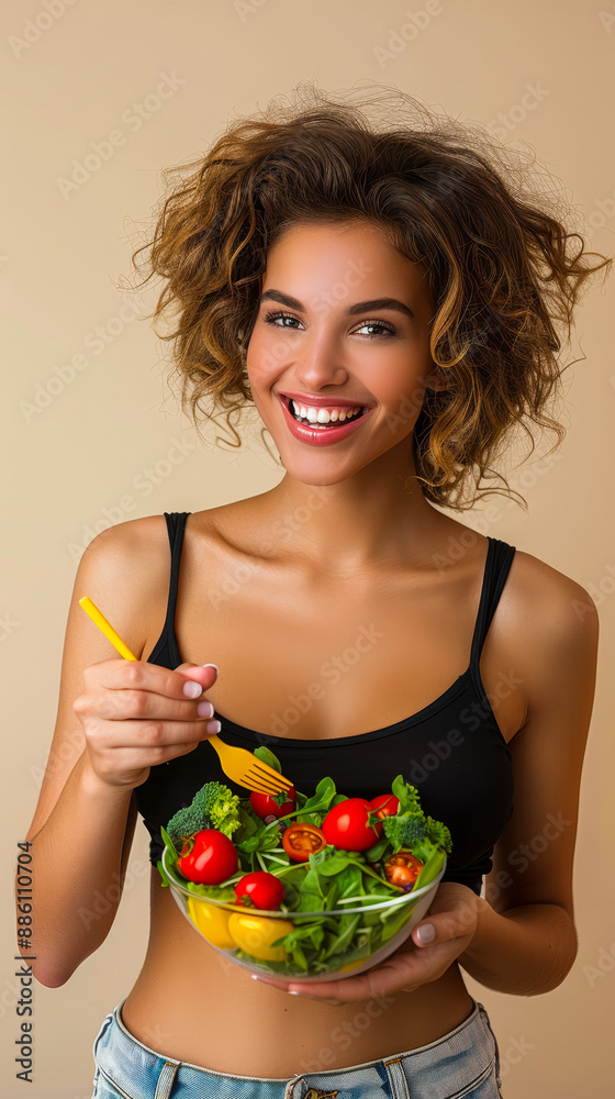 Excited Woman Enjoying Fresh Healthy Salad with Tomatoes and Greens in Light Background, Smiling and Happy Mood, Concept of Healthy Eating and Lifestyle Excited Woman Enjoying Fresh Healthy Salad with Tomatoes and Greens in Light Background, Smiling and Happy Mood, Concept of Healthy Eating and Lifestyle