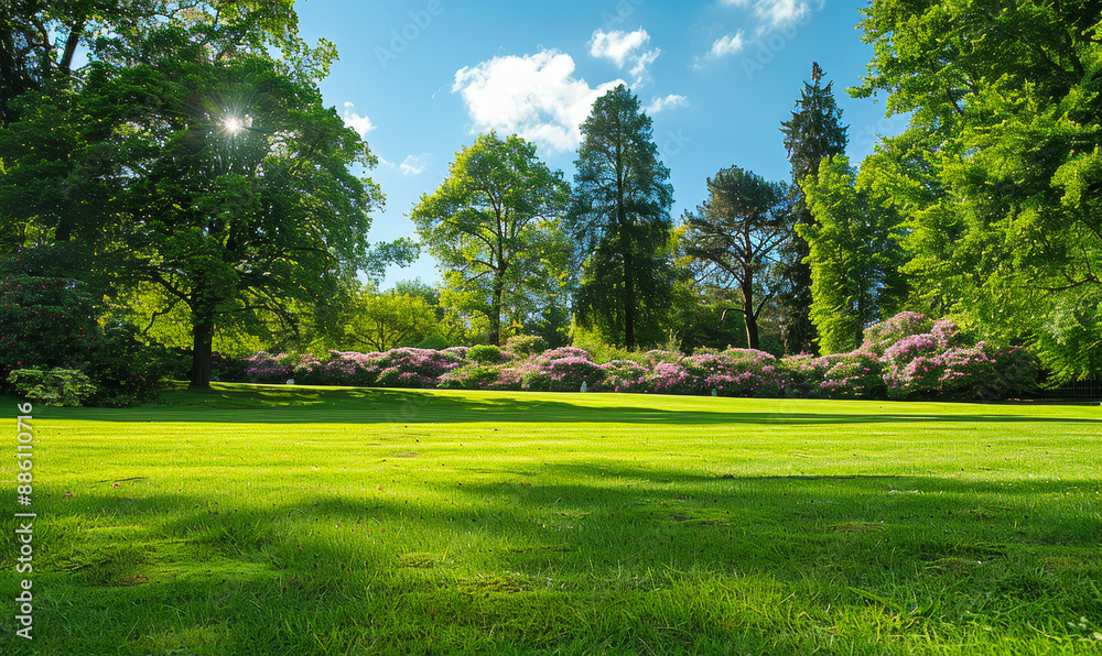 custom made wallpaper toronto digitalSunny Summer Day in a Green Park with Trees, Lawn, and Flower Bushes Blooming Under Clear Blue Sky - Nature, Relaxation, Tranquility, and Outdoor Recreation Concept
