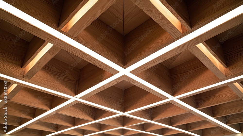 Abstract wooden ceiling with integrated strip lighting Abstract wooden ceiling with integrated strip lighting