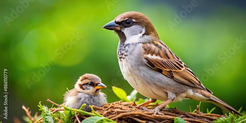 A protective sparrow guarding her precious chick , sparrow, bird, protection, motherhood, nesting, feathers, wildlife, small