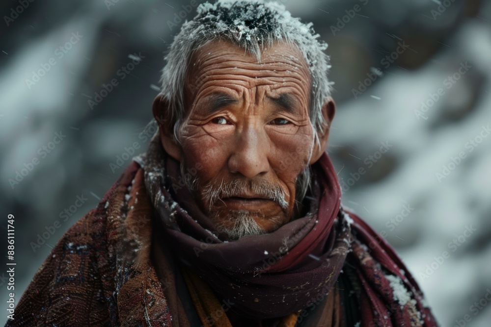 Portrait of a senior buddhist monk with snow on his head and beard standing outside during a snowfall Portrait of a senior buddhist monk with snow on his head and beard standing outside during a snowfall