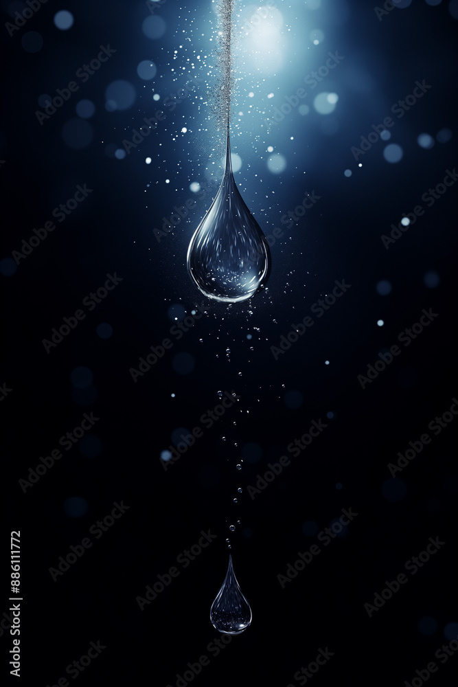 Drop of water on a black background with a subtle bokeh effect. Minimal concept with copy space. Generative AI. Drop of water on a black background with a subtle bokeh effect. Minimal concept with copy space. Generative AI.