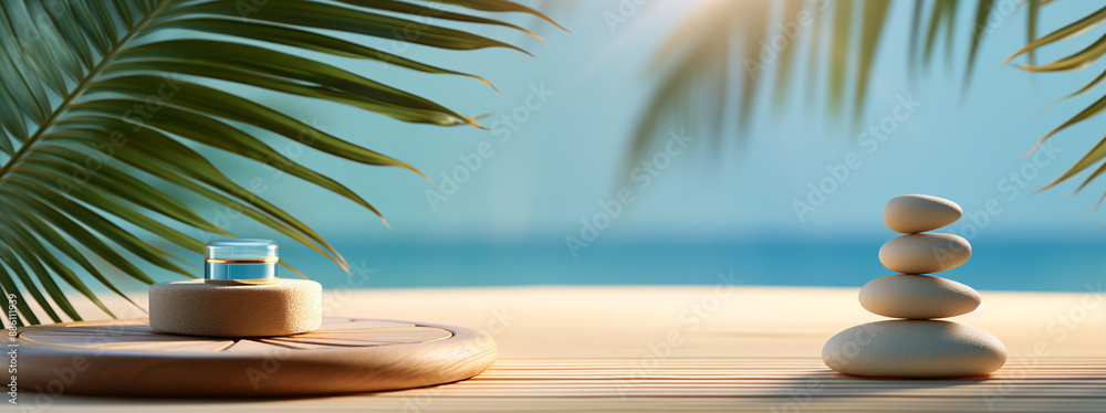 Obraz premium Serene spa beach setting with the ocean view with a wooden, cosmetic product tray pedestal. Relaxing summer wellness concept with palm leaves. Minimal concept. Generative AI