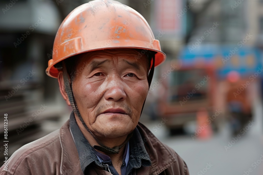 Construction worker wearing an orange hard hat looking serious at the construction site Construction worker wearing an orange hard hat looking serious at the construction site
