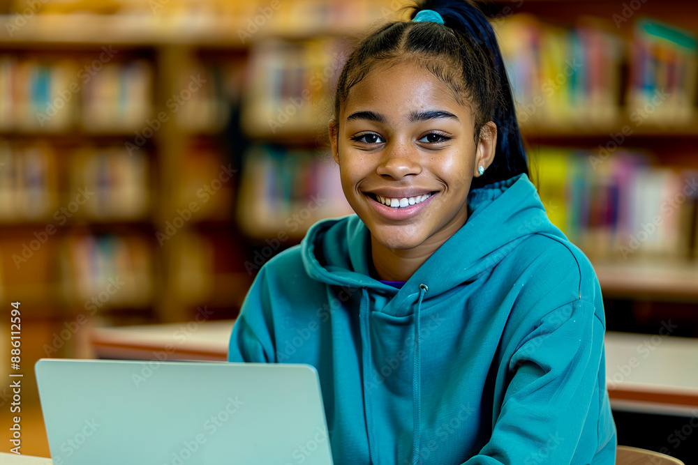 Smiling African girl student with ponytail in a green casual hoodie, immersed in laptop work at a university library, exemplifying modern education. Smiling African girl student with ponytail in a green casual hoodie, immersed in laptop work at a university library, exemplifying modern education.