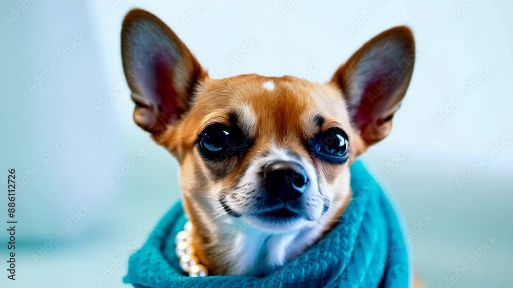 Cute Chihuahua dog in blue sweater looking at camera Cute Chihuahua dog in blue sweater looking at camera