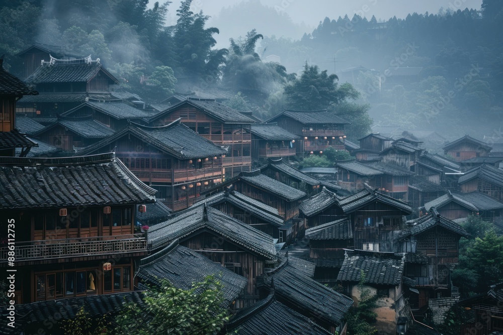 Traditional wooden houses standing on hillside in village covered by fog in china Traditional wooden houses standing on hillside in village covered by fog in china