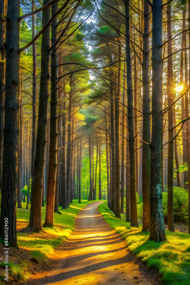 Fototapeta premium Tranquil Forest Path with Lush Green Trees and Sunlight Filtering Through Canopy.