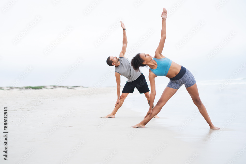 People, yoga and outdoor with practice, calm and wellness for balance, wellbeing and health. Woman, man and beach in together, session and physical activity for meditation or stretch for zen or peace People, yoga and outdoor with practice, calm and wellness for balance, wellbeing and health. Woman, man and beach in together, session and physical activity for meditation or stretch for zen or peace