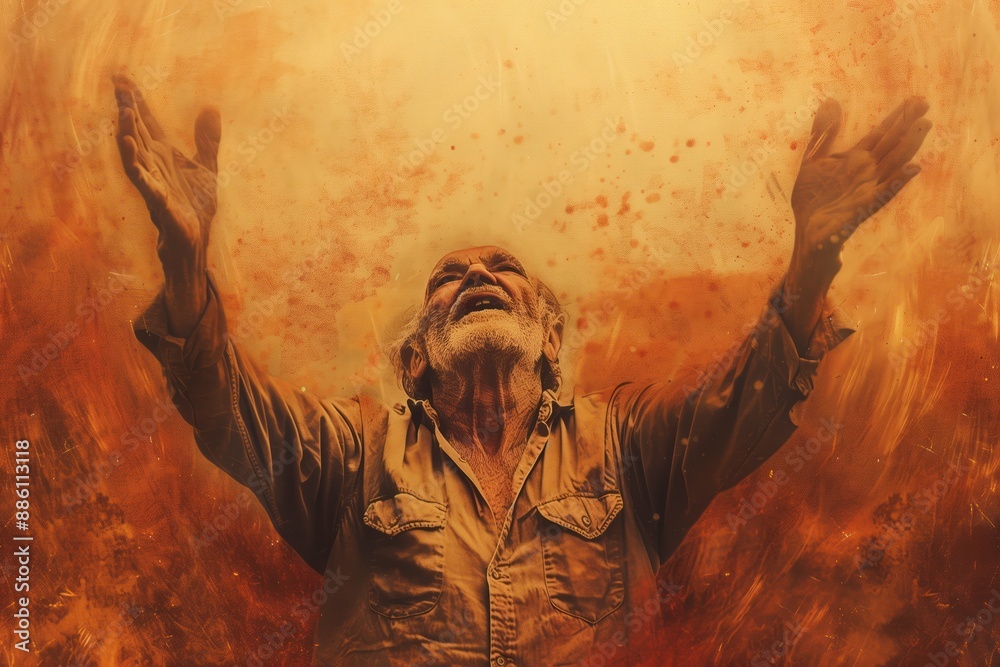 Naklejka premium Old man stands in front of vibrant fire with arms raised. Wears brown shirt, sense of awe reverence towards flames. Orange, red hues create contrast against attire. Man, fiery spectacle focus.
