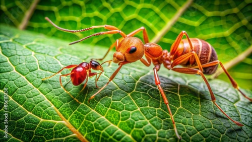 Macro shot of a red ant, Mandevillea spp., tends to aphid, Streptomyces spp., on a fresh green leaf's surface. photo