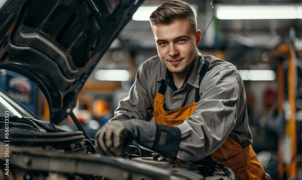 Attractive confident male auto mechanic working in Car Service Attractive confident male auto mechanic working in Car Service
