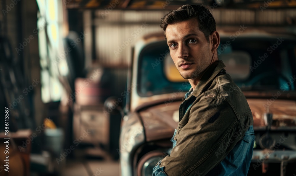 Attractive confident male auto mechanic working in Car Service
