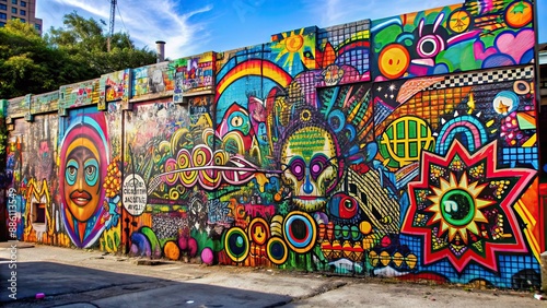 Colorful abstract graffiti art wall with vivid patterns, shapes, and textures , urban, street art, mural, graffiti
