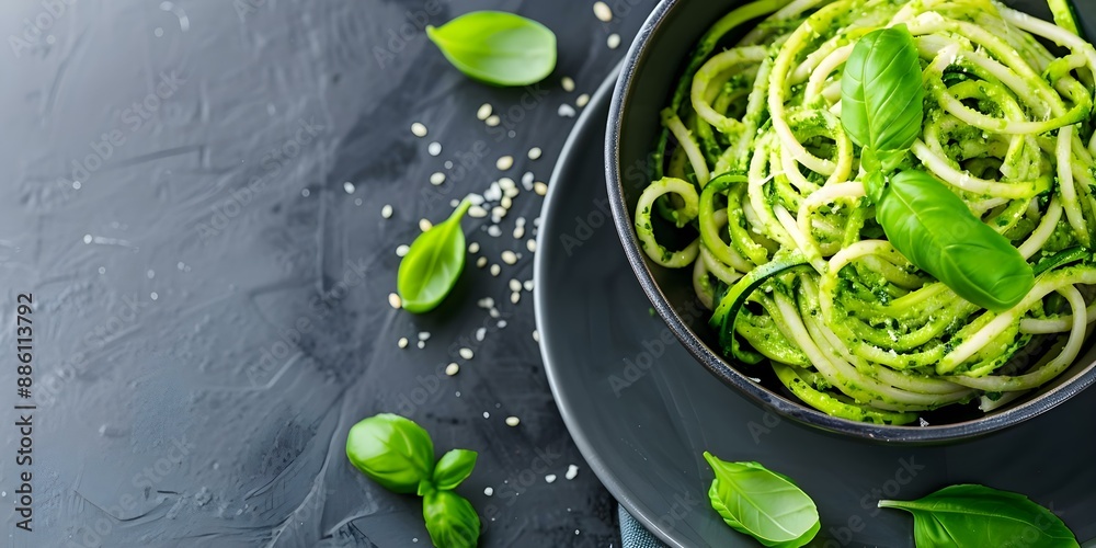 Obraz premium Healthier Twist Avocado Pesto Zoodles with a Fresh Take on Classic Pasta Dishes. Concept Delicious, Avocado, Pesto, Zoodles, Healthy Mediterranean