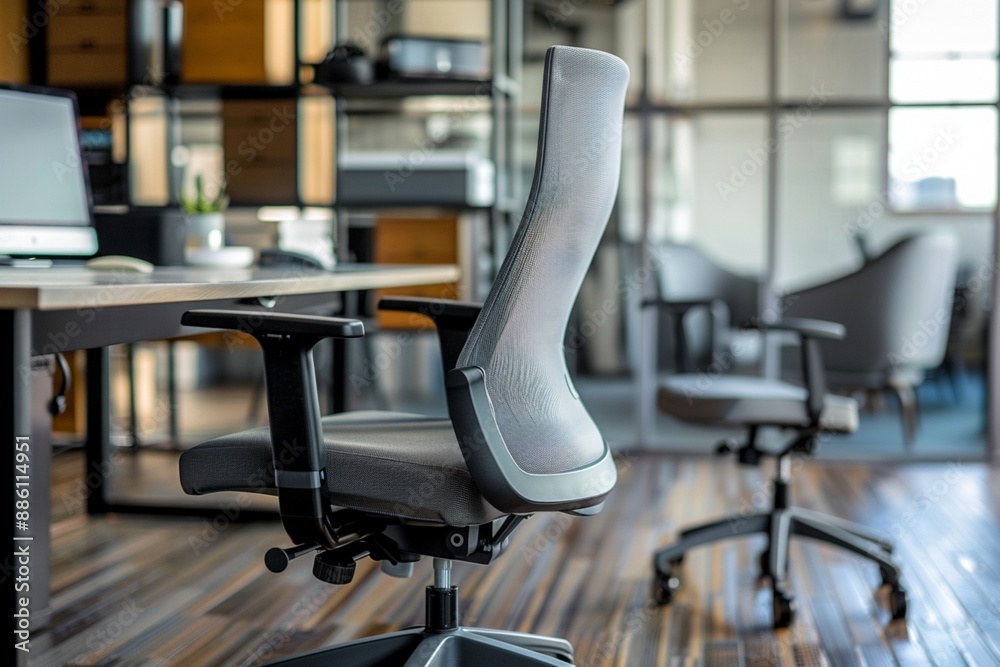 Professional executive revolving chair in sleek steel gray, featuring breathable mesh back and adjustable armrests, rear diagonal view, in a modern workspace. Professional executive revolving chair in sleek steel gray, featuring breathable mesh back and adjustable armrests, rear diagonal view, in a modern workspace.