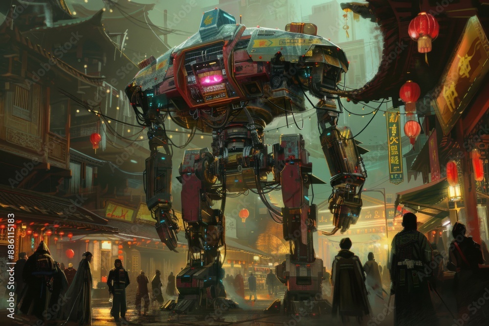 Giant robot is walking through a crowded futuristic asian city street Giant robot is walking through a crowded futuristic asian city street