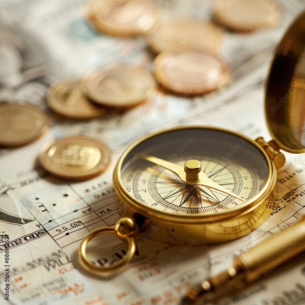 A Compass and Coins Resting On a Paper Map A Compass and Coins Resting On a Paper Map