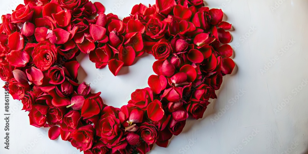Romantic heart shape made from red rose petals, Romantic, love, heart, roses, petals, passion, Valentine's Day, symbol Romantic heart shape made from red rose petals, Romantic, love, heart, roses, petals, passion, Valentine's Day, symbol