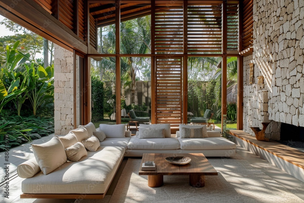 Spacious living room with large sofa, stone wall, and wooden slat design, overlooking a serene garden Spacious living room with large sofa, stone wall, and wooden slat design, overlooking a serene garden