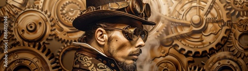 An actor in a steampunk outfit, delivering lines from a Victorian script, sepia tones, intricate details, pop art style, with a background of mechanical gears and steam