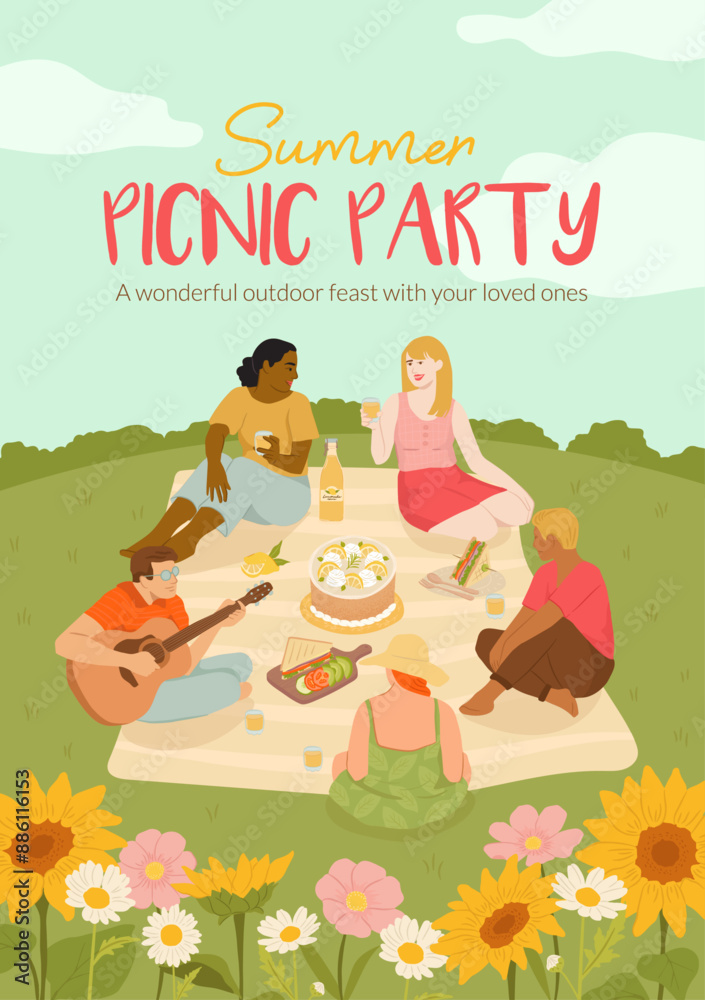 Fototapeta premium Summer picnic party with friends, floral landscape and foods, vector illustration cartoon