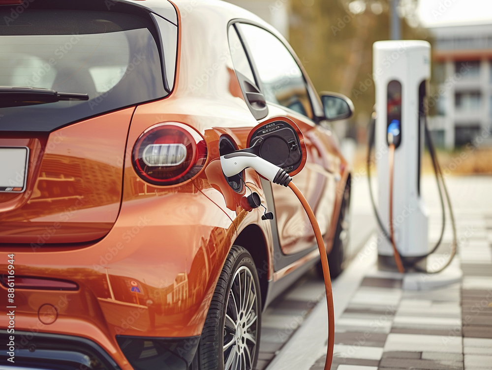 Orange Electric Car Charging at a Public Station in a Modern Urban Setting Orange Electric Car Charging at a Public Station in a Modern Urban Setting