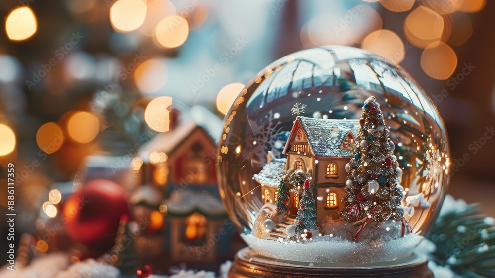 Christmas snow globe with festive house and tree, surrounded by holiday decorations Christmas snow globe with festive house and tree, surrounded by holiday decorations
