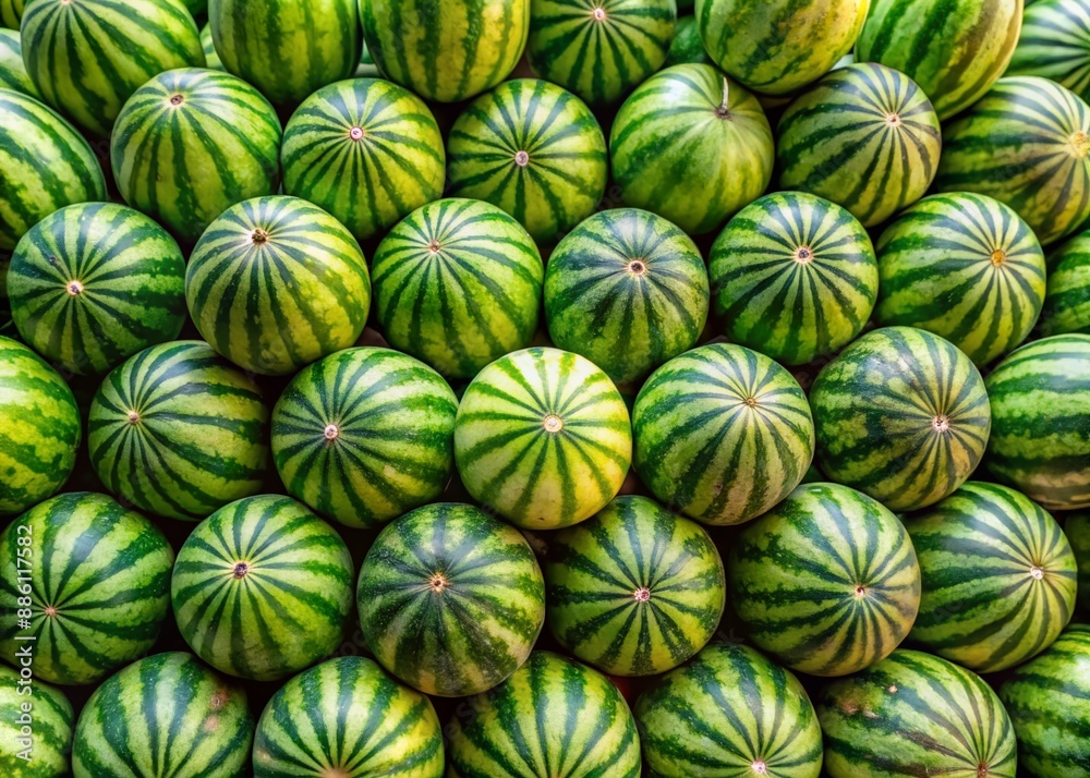Vibrant display of assorted green watermelons in various shades and sizes arranged artfully in a tiered pattern, perfect for a summer farm stand or eco market display. Vibrant display of assorted green watermelons in various shades and sizes arranged artfully in a tiered pattern, perfect for a summer farm stand or eco market display.