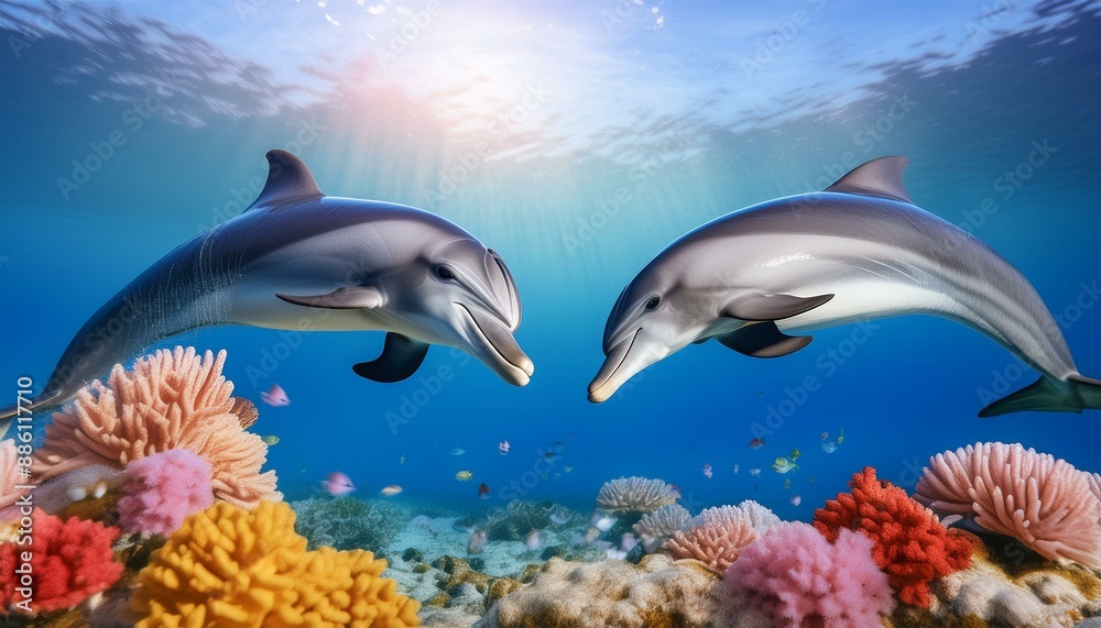 Obraz premium Dolphin Ocean Ballet: Dolphins Dancing Amid Vibrant Coral