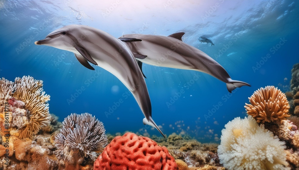 Fototapeta premium Dolphin Ocean Ballet: Dolphins Dancing Amid Vibrant Coral