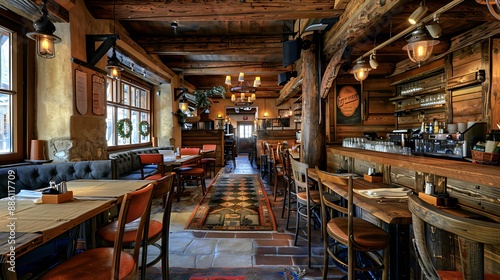A rustic restaurant interior with a cozy and welcoming atmosphere, full ultra hd, high resolution  © kashif