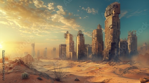 Fototapeta Naklejka Na Ścianę i Meble -  science fiction ruined abandoned post apocalyptic city dystopia in desert wasteland