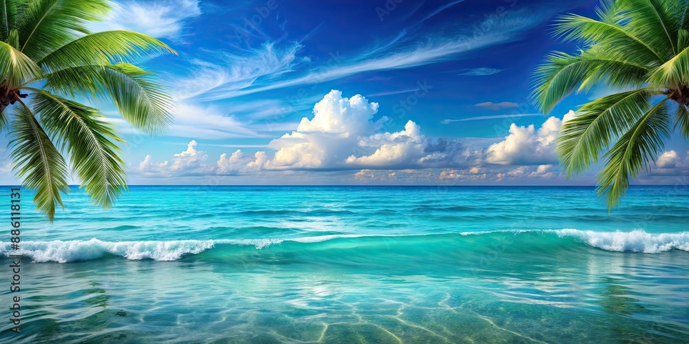 Obraz premium Tropical teal blue ocean horizon seascape , ocean, horizon, seascape, tropical, teal, blue,water, waves, vacation