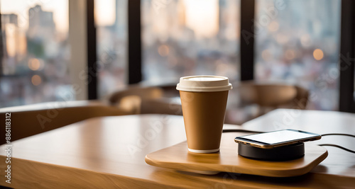 Wallpaper Mural カフェのテーブルに置かれたコーヒーとワイヤレス　スマートフォン充電器 Torontodigital.ca