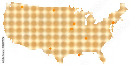 Map of the United States with orange dots representing locations, illuminated, glowing, USA, America, cartography