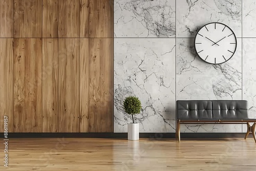 
Waiting area made with wooden flooring, marble walls with black wall clock on it. 