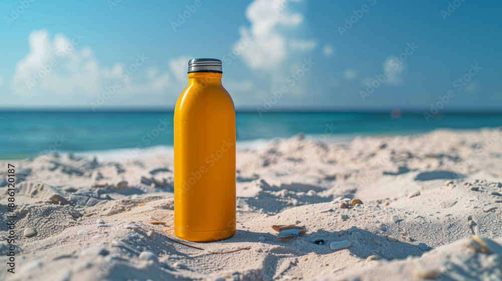 Reusable bottle on a sandy beach with the ocean in the background. Reusable bottle on a sandy beach with the ocean in the background.
