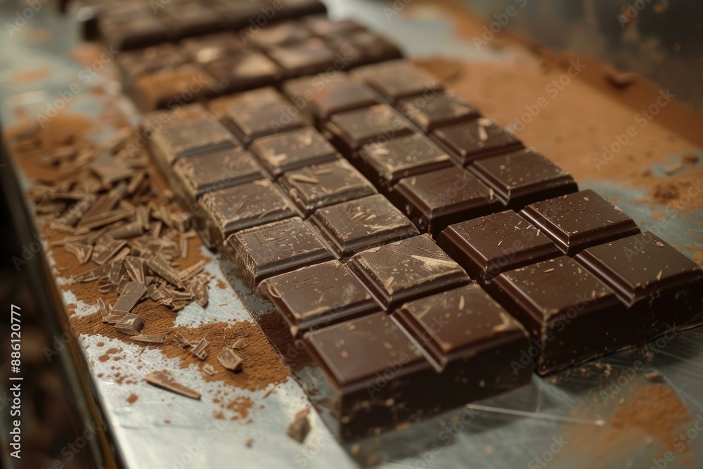 Chocolate bars cooling on a metal table, covered in cocoa powder, after the tempering process Chocolate bars cooling on a metal table, covered in cocoa powder, after the tempering process