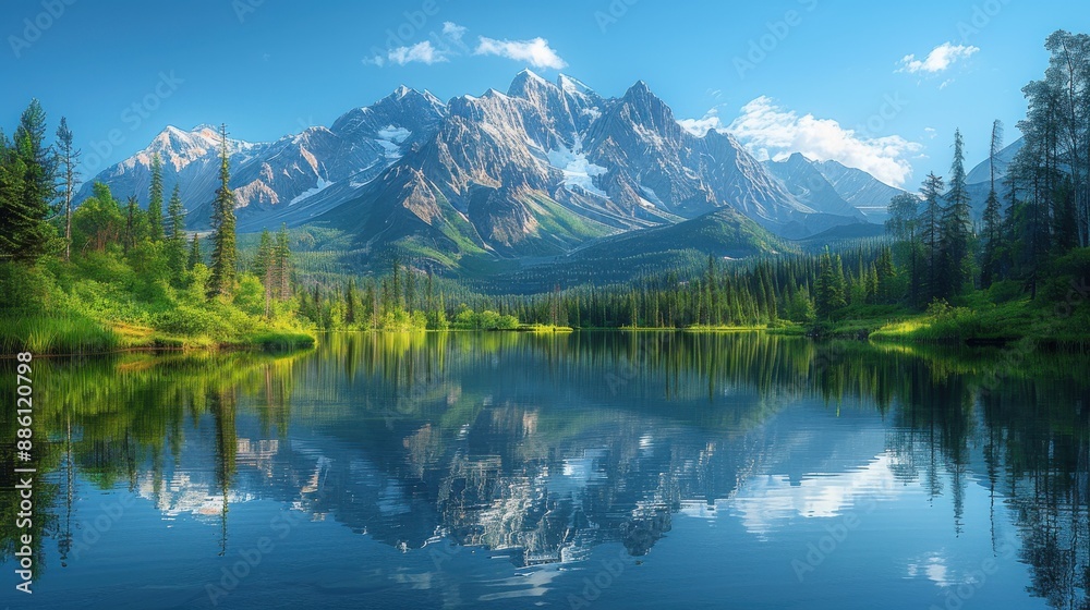 Tack-sharp image of a serene lake reflection with perfect symmetry and a stunning mountain backdrop Tack-sharp image of a serene lake reflection with perfect symmetry and a stunning mountain backdrop