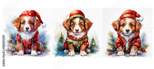 Cute watercolor puppy in christmas clothes. Cute and sweet dog with holiday hat. Celebrations and parties. Border collie dog isolated on white background photo