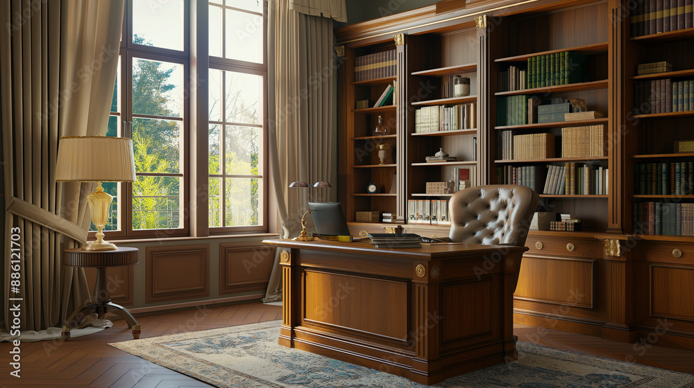 room with books, A stately home office with a large wooden desk, chair, built-in bookshelves, and stylish decor room with books, A stately home office with a large wooden desk, chair, built-in bookshelves, and stylish decor