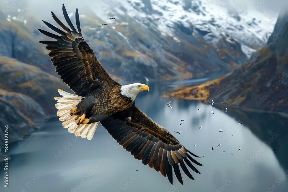 Fototapeta premium Majestic bald eagle soaring above a mountain lake.