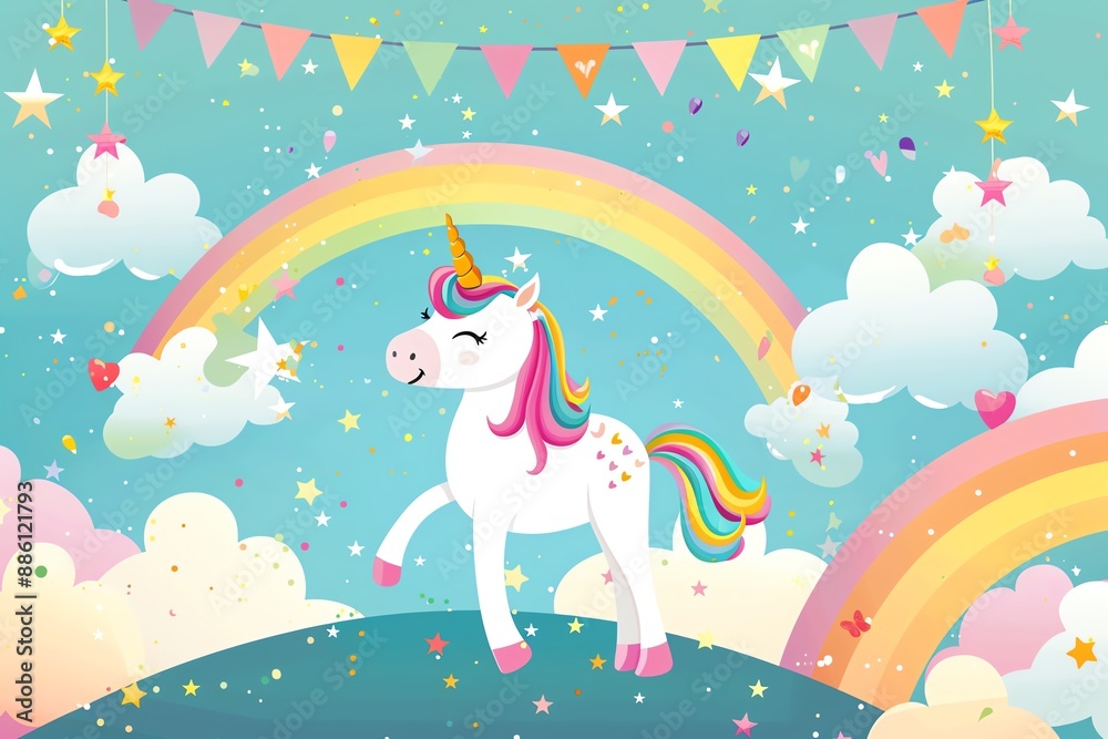 Cute unicorn with rainbow and stars on blue background. Cute unicorn with rainbow and stars on blue background.