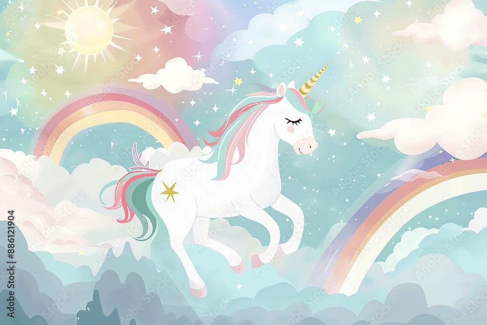 A magical unicorn gallops through the clouds, with rainbows and stars in the background. A magical unicorn gallops through the clouds, with rainbows and stars in the background.