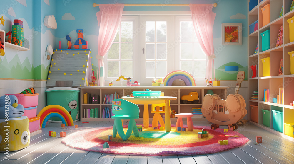 A colorful and fun playroom filled with toys, a small table and chairs, storage bins, and bright wall decals or mural A colorful and fun playroom filled with toys, a small table and chairs, storage bins, and bright wall decals or mural