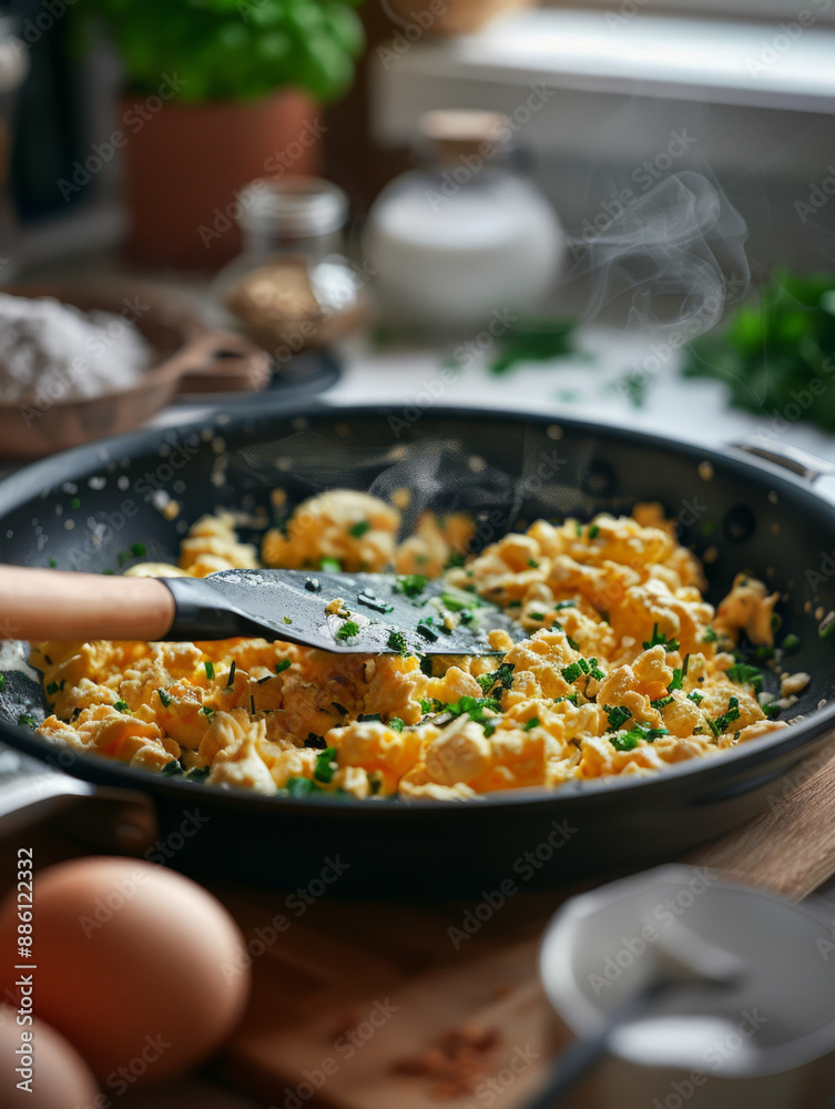 Scrambled eggs cooking in a frying pan with fresh herbs. Scrambled eggs cooking in a frying pan with fresh herbs.